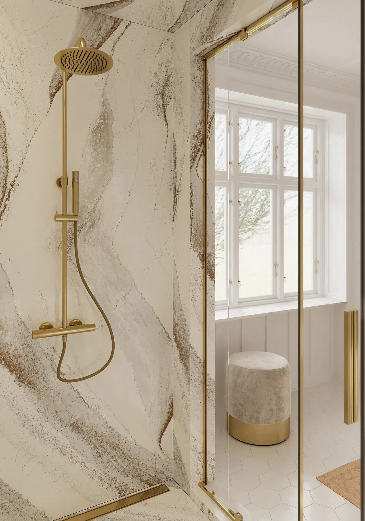 Natural stone bathroom featuring white marble with gold veining and brass fixtures — elegant custom countertops fabricated and installed by Signature Stone LV