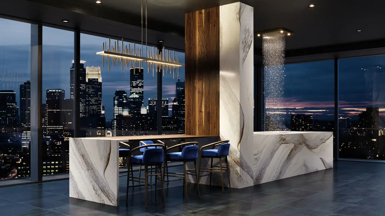 Marble kitchen island with dramatic white veining and waterfall edge in modern penthouse — expert countertop fabrication by Signature Stone Las Vegas