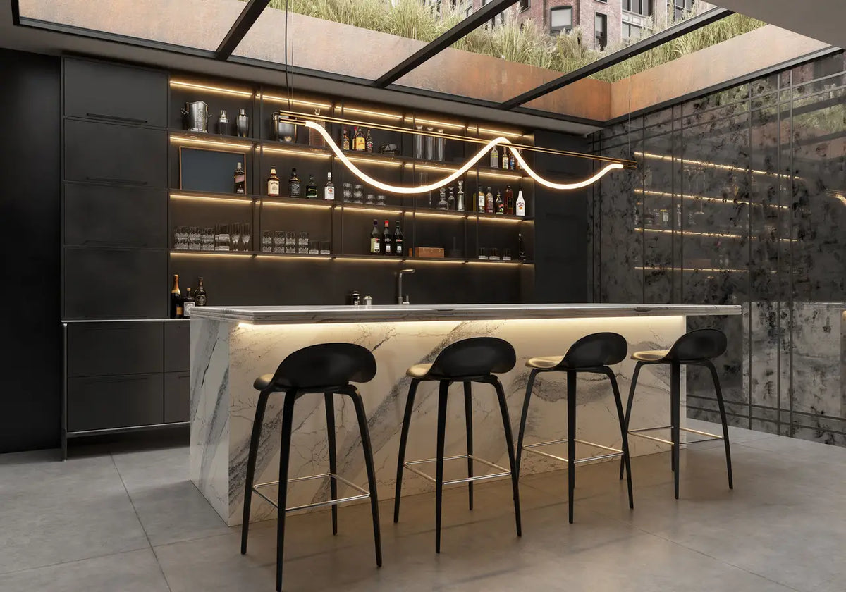 Windsor Steel Satin Ridge bar with white veining and sleek edges — premium stone countertops installed by Signature Stone Las Vegas