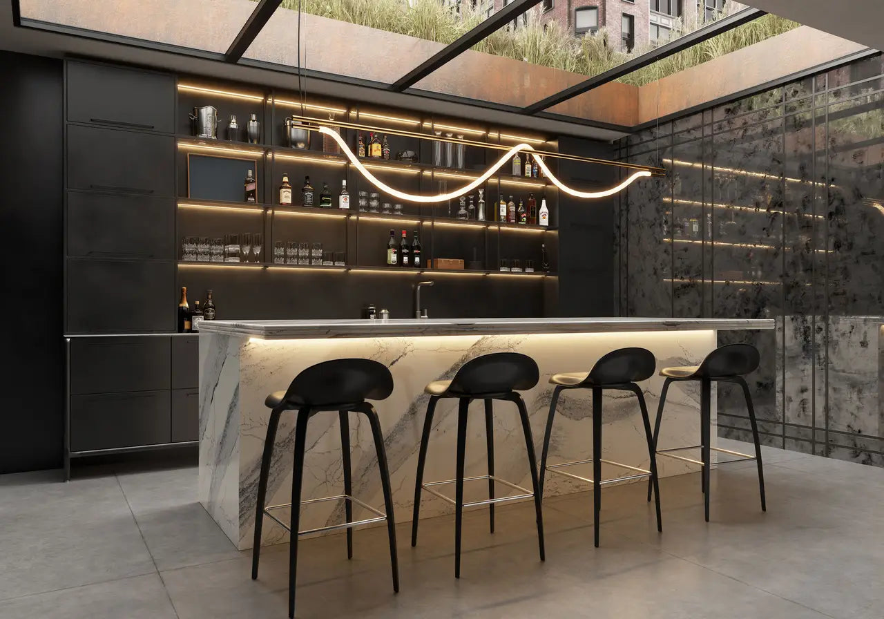 Windsor Steel Satin Ridge bar with white veining and sleek edges — premium stone countertops installed by Signature Stone Las Vegas