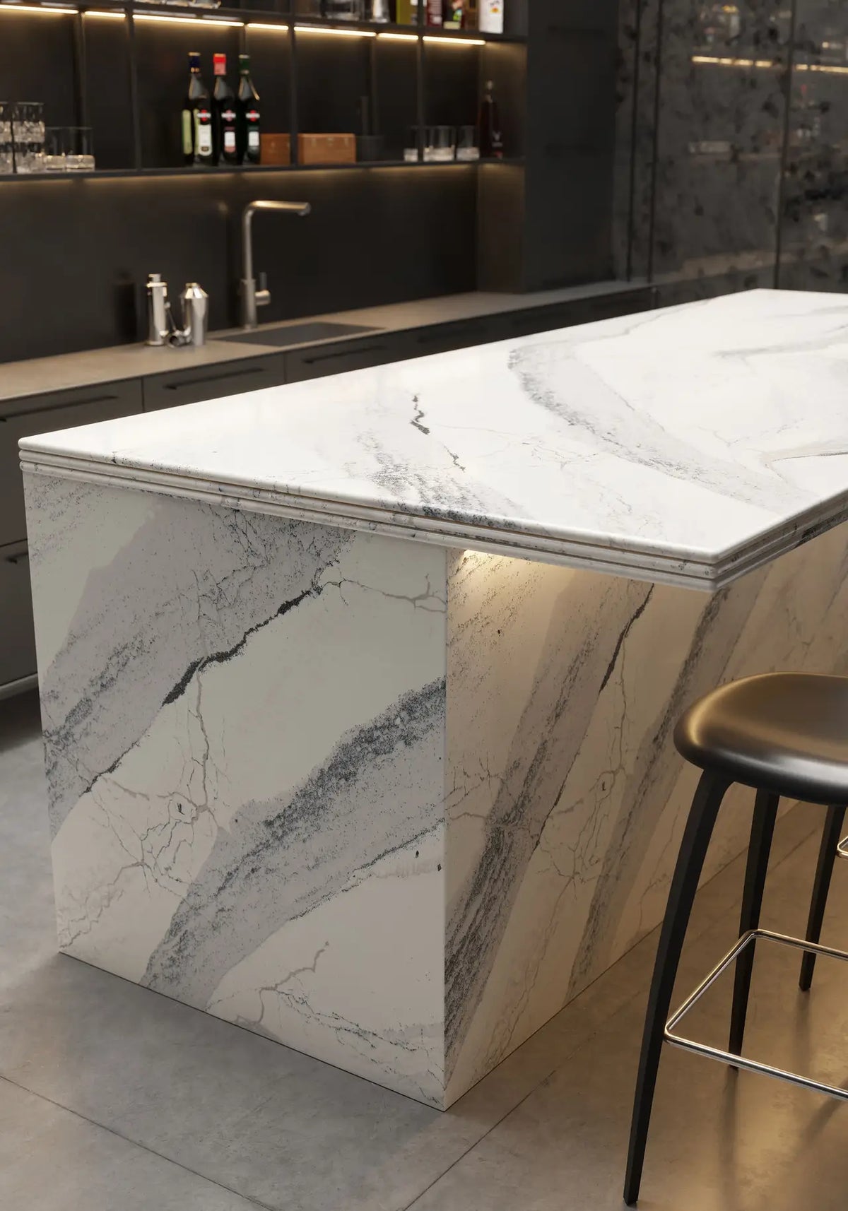 Windsor Steel Satin Ridge quartz kitchen island with dramatic gray veining and waterfall edge — premium stone countertops installed by Signature Stone Las Vegas