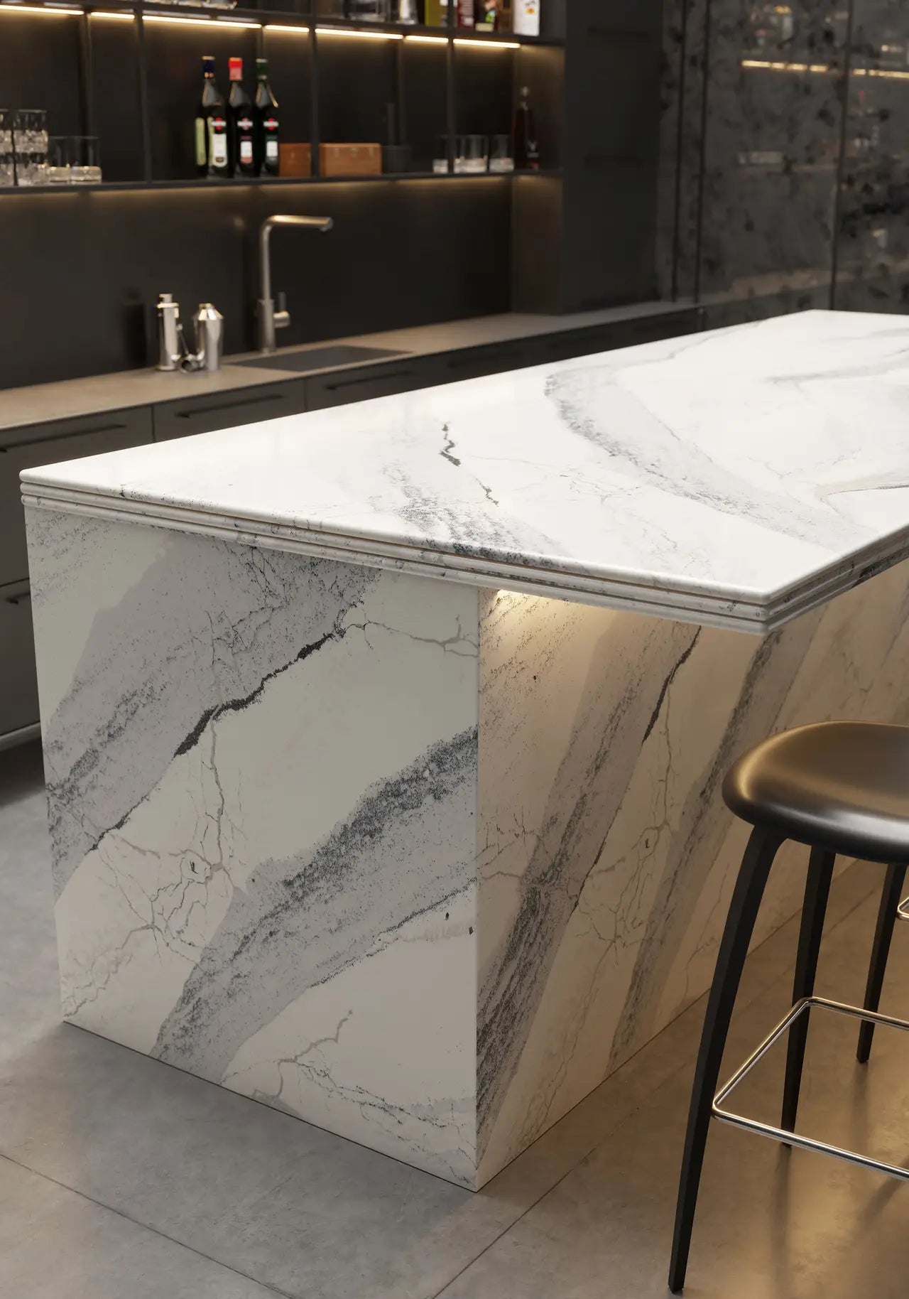 Windsor Steel Satin Ridge quartz kitchen island with dramatic gray veining and waterfall edge — premium stone countertops installed by Signature Stone Las Vegas