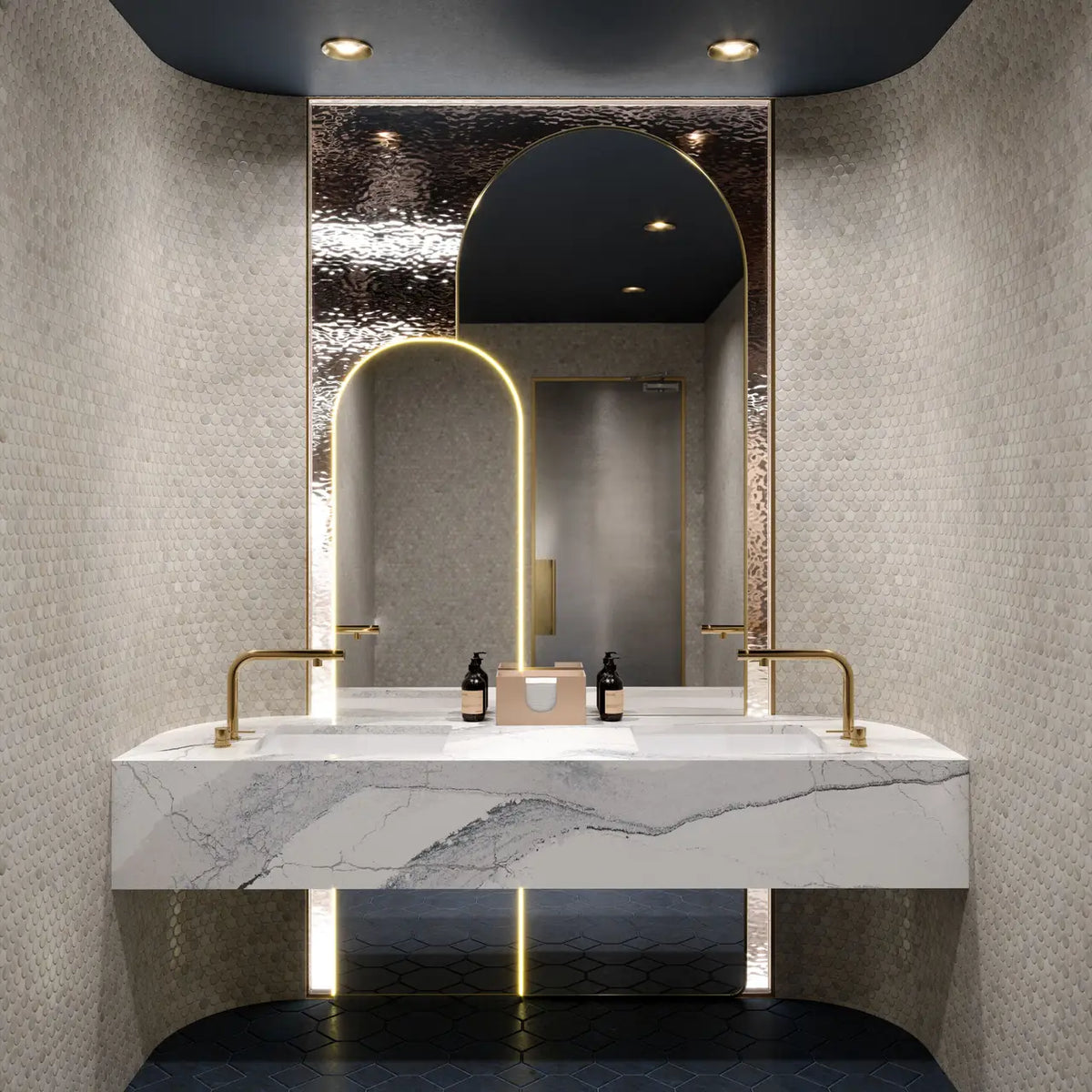 Windsor Steel Satin Ridge vanity with white veined marble surface and gold fixtures — expert countertop fabrication by Signature Stone Las Vegas