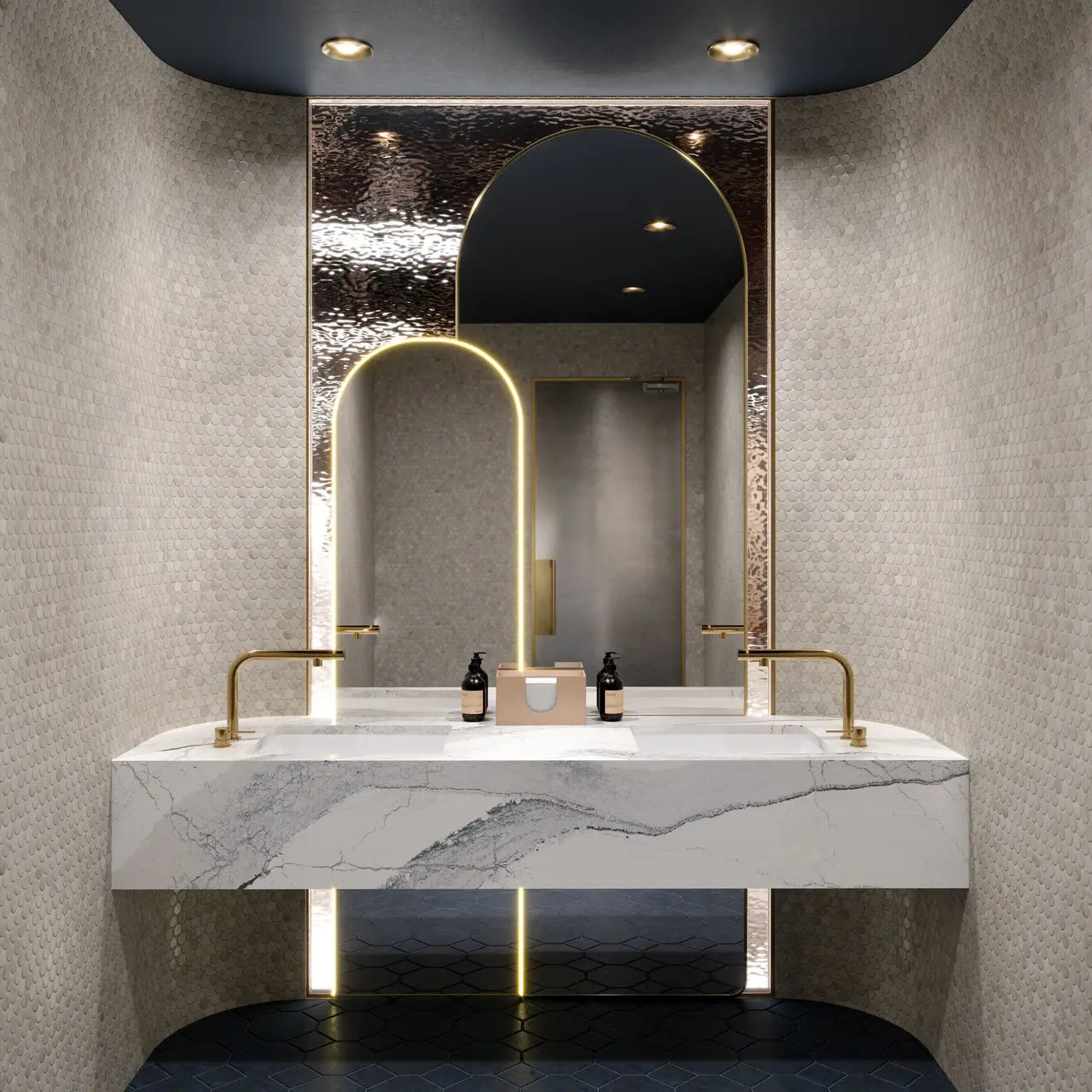 Windsor Steel Satin Ridge vanity with white veined marble surface and gold fixtures — expert countertop fabrication by Signature Stone Las Vegas