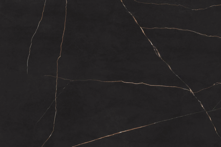Black marble surface with thin, gold-colored veining running in various directions, creating an elegant and luxurious pattern.