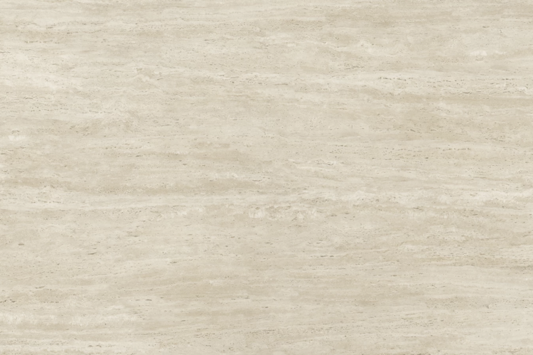 A close-up view of a beige travertine stone surface, featuring natural horizontal veins and subtle variations in tone, creating a textured and organic appearance.